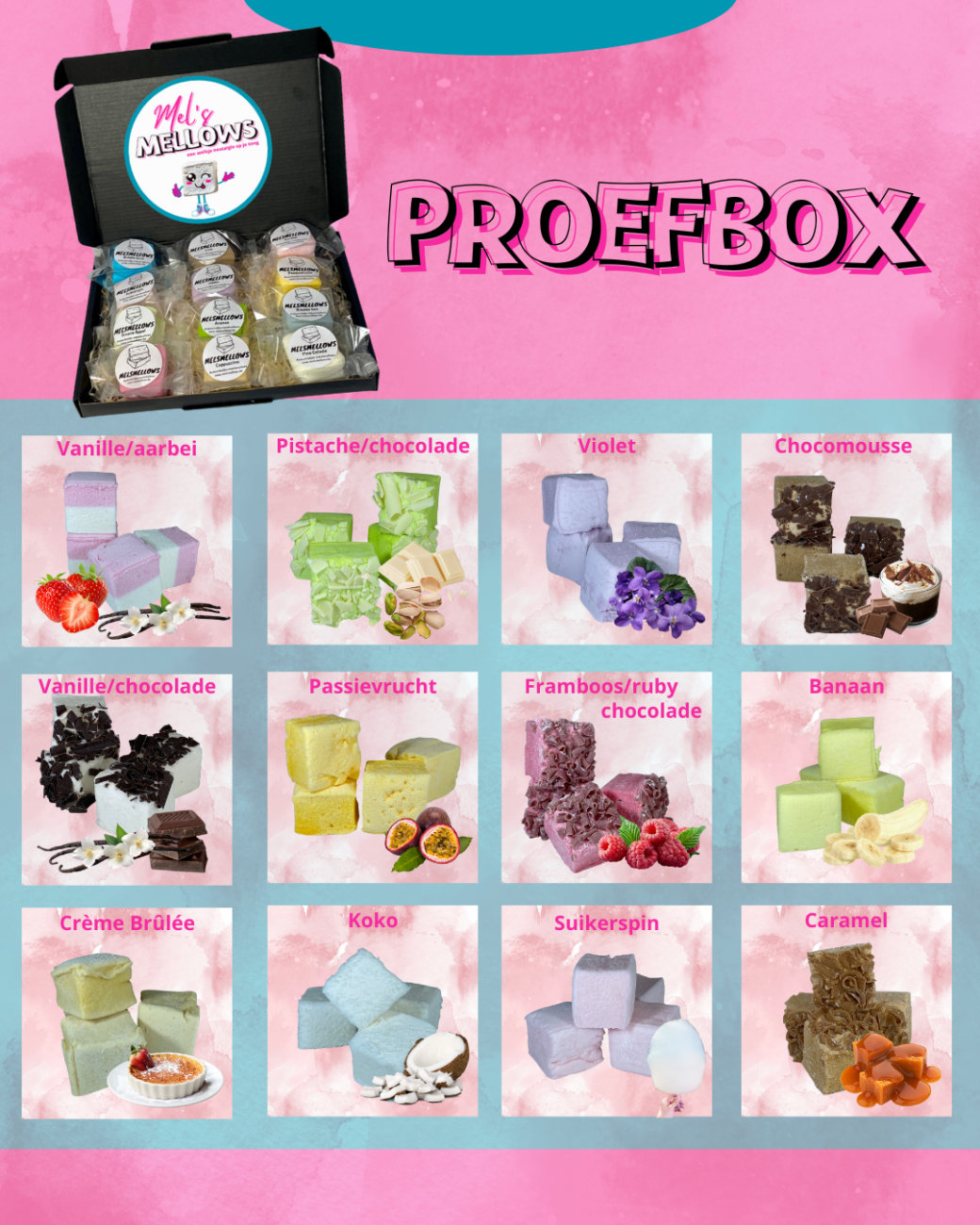 Mel's Mellows proefbox met 12 verschillende smaken